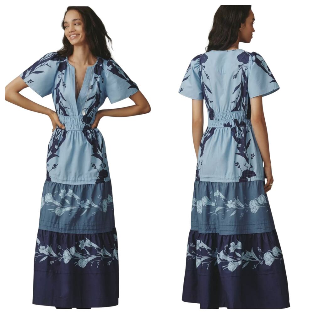 Anthropologie Somerset Maxi Dress Soft Blue Floral sz Large NWT V-Neck Pockets